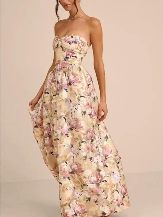 Lulus Kathani Light Yellow Floral Jacquard Bustier Maxi Dress - Size L - Picture 3 of 4